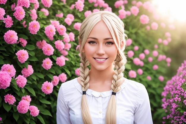 Gelukkige vrouw met mooi haar op de achtergrond van een bloeiende tuin Generatieve AI