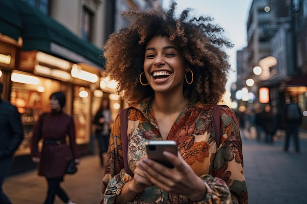 Gelukkige vrouw met slimme telefoon op straat