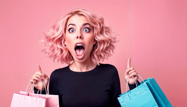 Gelukkige vrouw met winkelzakken na het winkelen Vrouw met winkelen in roze