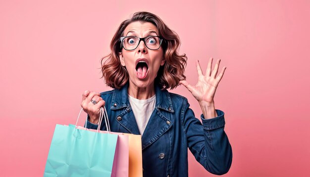 Foto gelukkige vrouw met winkelzakken na het winkelen vrouw met winkelen in roze