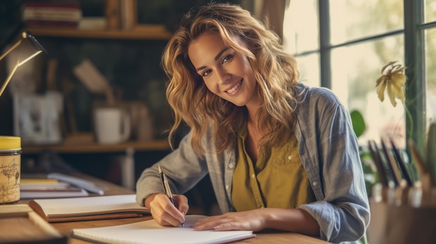 Gelukkige vrouw of modeontwerper die ideeën voor haar kleine bedrijf schrijft in een notitieboek