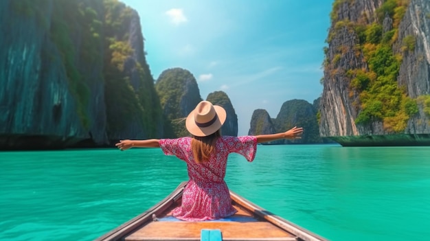 Gelukkige vrouw op een boot tijdens haar zomervakantie te midden van de Phi Phi-eilanden in Thailand Generative AI