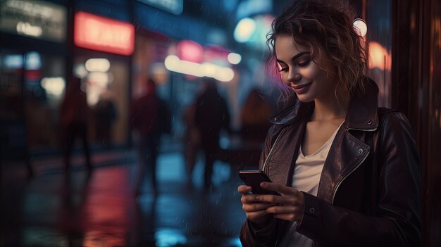 Gelukkige vrouw op haar mobiele telefoon.