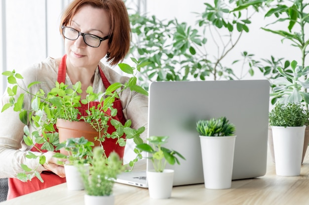 Gelukkige vrouw op haar wapkplace met veel planten die op de skreen-laptop kijken, online communicatieconcept.