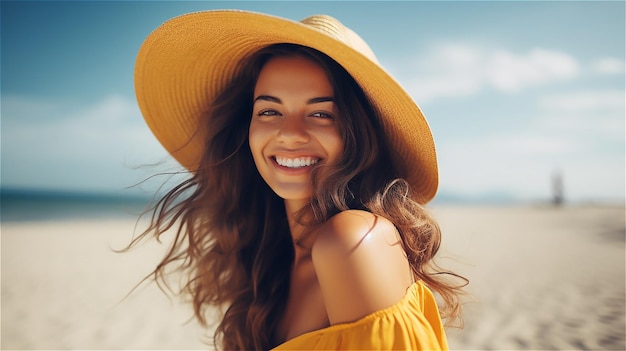 Gelukkige vrouw op het strand Glimlachende vrouw met hoed Zonnige zomerdag Zomervakantie en reisconcept