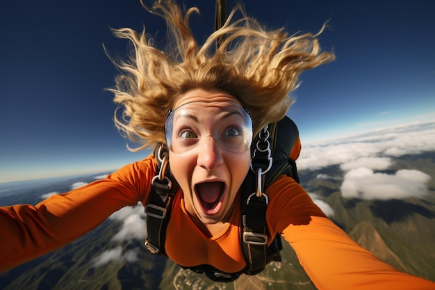 Foto gelukkige vrouw parachutespringen in de lucht
