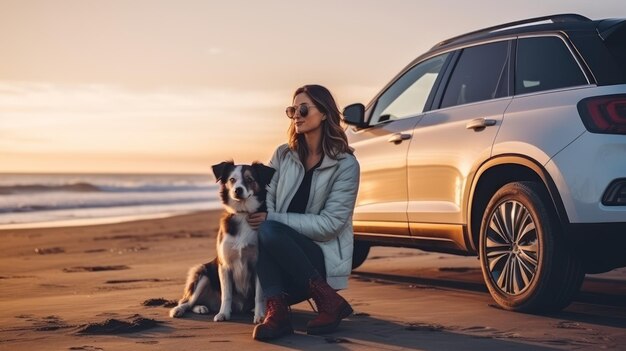 Gelukkige vrouw reist met held hond op het strand