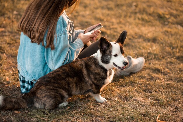 Gelukkige vrouw samen met welsh corgi-hond in een park in de buitenlucht.