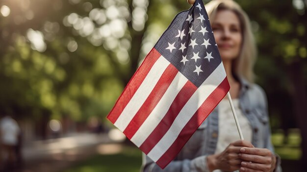 Gelukkige vrouw van middelbare leeftijd die lacht en de Amerikaanse vlag vasthoudt