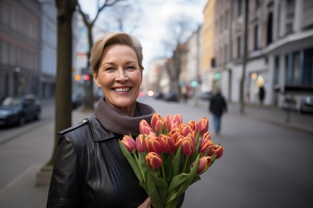 Gelukkige vrouw van middelbare leeftijd met een boeket tulpen loopt langs de stadsstraat