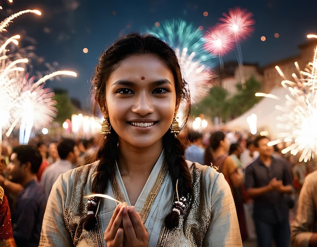 Gelukkige vrouw viert het feest met vuurwerk's nachts