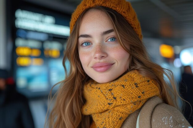 Gelukkige vrouw voor het informatiebord op het treinstation die naar de camera kijkt