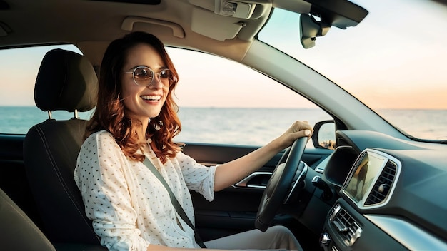 Gelukkige vrouw zit in de auto en reist zomer seizoen op de zee rusten en speciale dag om va