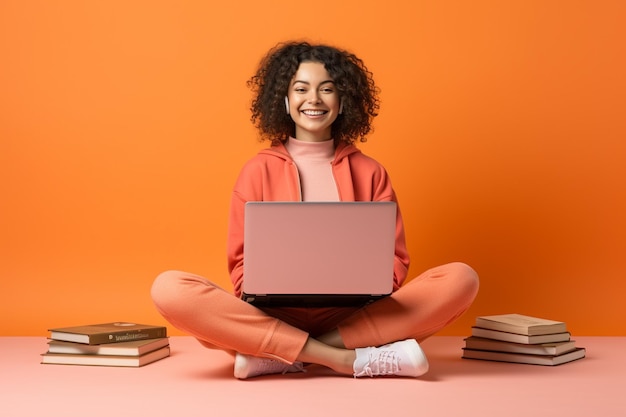 Foto gelukkige vrouw zitten met laptop op fashion stijl felle kleur achtergrond