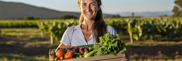 Gelukkige vrouwelijke boer met een doos met verse producten