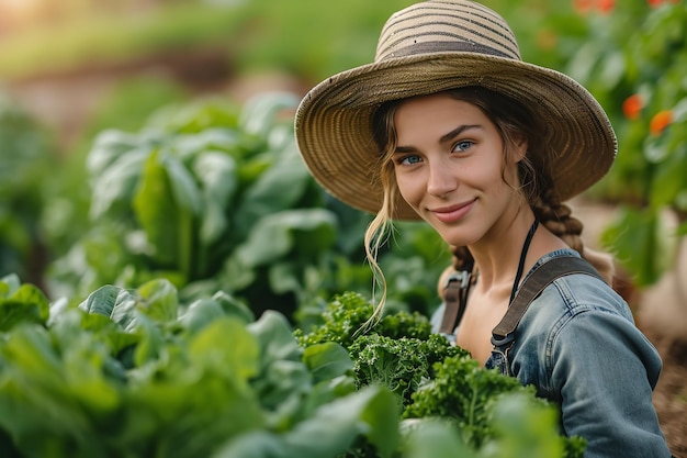 Gelukkige vrouwelijke boer met een traditionele hoed die biologische verse groenten verbouwt met een grote kopieerruimte Generatieve AI