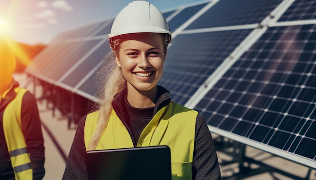 Gelukkige vrouwelijke ingenieur die werkt aan een tablet met zonnepanelen in een zonneboerderij Generatieve AI