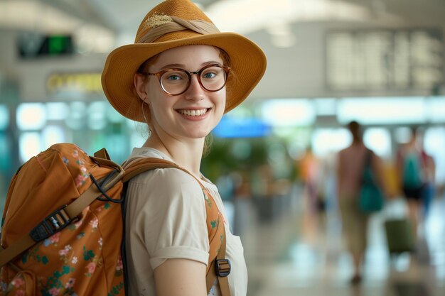 Foto gelukkige vrouwelijke reiziger met rugzak op de luchthaven met ai gegenereerd