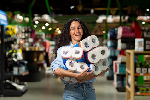 Gelukkige vrouwelijke shopper met een glimlach kocht veel rollen toiletpapier in de supermarkt