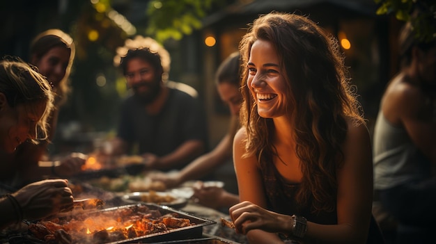 gelukkige vrouwen en mannenvrienden grillen Barbecue tijdens feest in de achtertuin