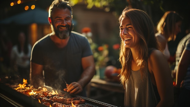 gelukkige vrouwen en mannenvrienden grillen Barbecue tijdens feest in de achtertuin