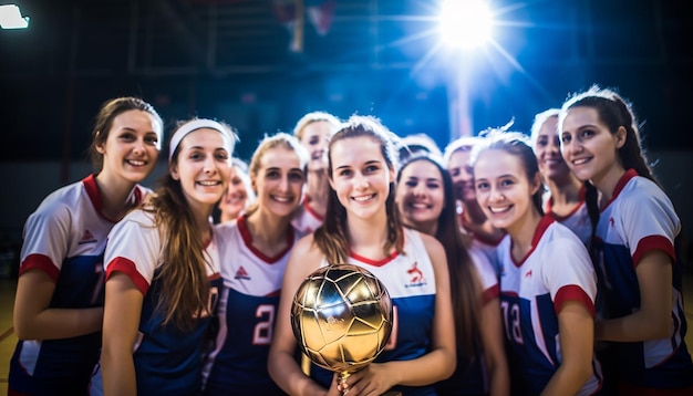 Gelukkige vrouwen in volleybalkleding poseren op het volleybalveld. De kapitein houdt een trofee vast.