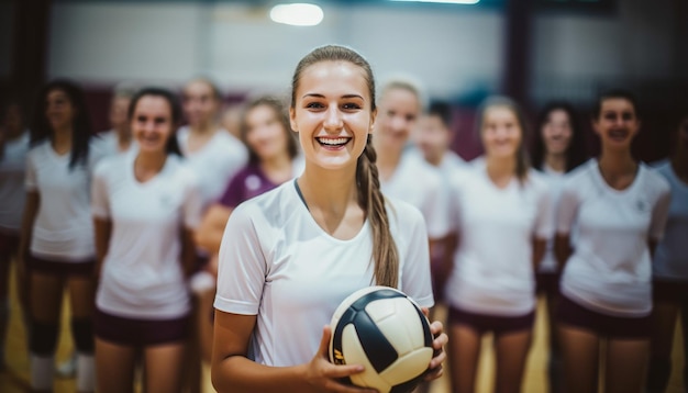 Gelukkige vrouwen in volleybalkleding poseren op het volleybalveld. De kapitein houdt een trofee vast.