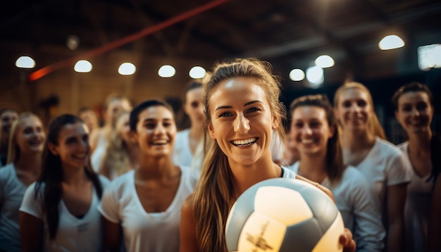 gelukkige vrouwen in volleybalkleding poseren op het volleybalveld voor aanvang van een wedstrijd