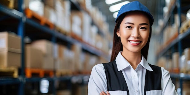 Gelukkige vrouwen ingenieur Aziatische arbeider vrouwelijk werk in fabrieksportret glimlach staande arm vouw vertrouwen look