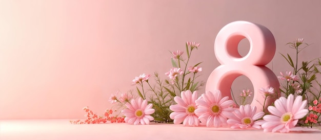 Gelukkige Vrouwendag 8 maart ontwerp sjabloon Decoratief roze nummer met roze bloemen Generatieve AI