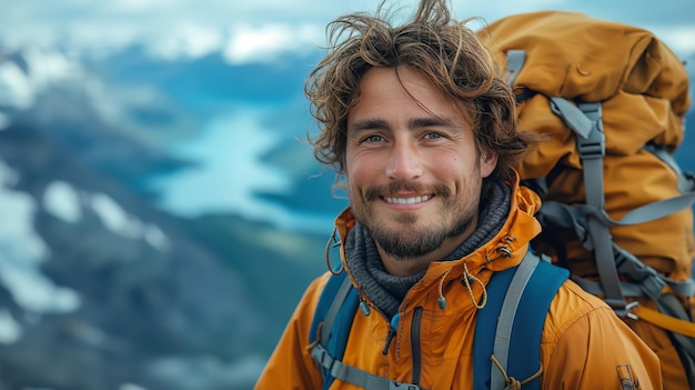 Gelukkige wandelaar die selfie-portret maakt op de top van de berg