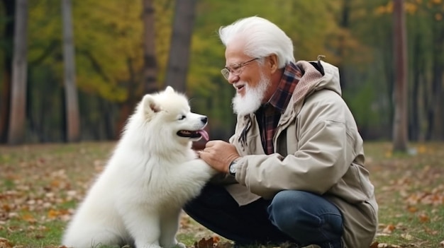 Gelukkige witte senior met een baard en bril biedt zijn hand aan de hond om generatieve AI te ruiken