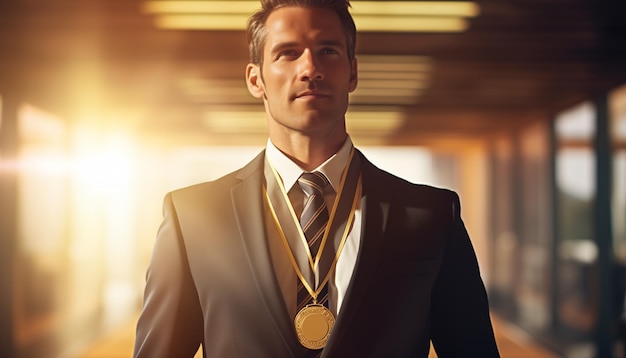 Gelukkige zakenman met een gouden medaille.