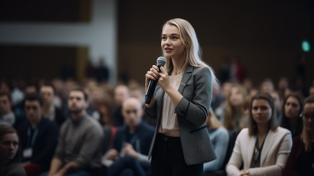 Gelukkige zakenvrouw Een toespraak houden met vertrouwen en charisma op een conferentie met Gener