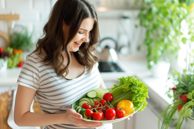 Gelukkige zwangere vrouw die glimlacht en een bord gezond eten eet