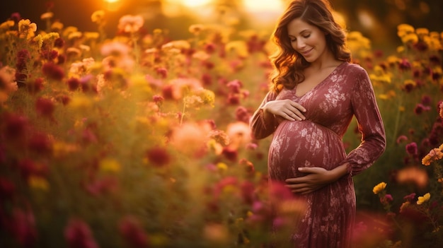 Gelukkige zwangere vrouw staat in een zonovergoten veld met bloeiende bloemen Generatief AI-beeld