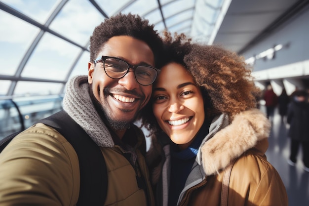 Gelukkige zwarte echtpaar die samen een selfie maken in de terminal voordat ze aan boord gaan van een vlucht