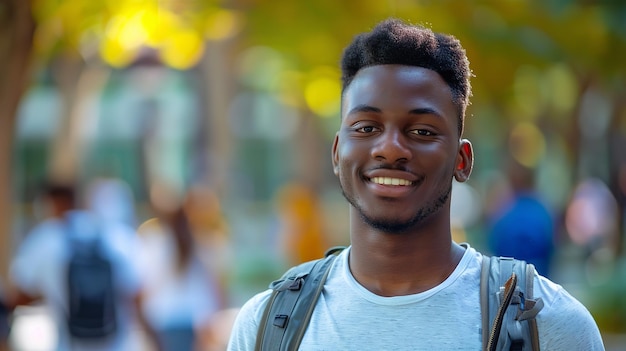 Gelukkige zwarte mannelijke student aan de universiteit met portret van zichzelf vooruitzichten wensen Generative Ai
