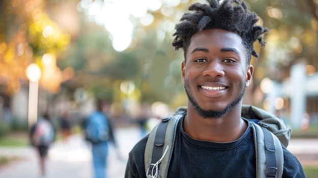 Gelukkige zwarte mannelijke student aan de universiteit met portret van zichzelf vooruitzichten wensen Generative Ai