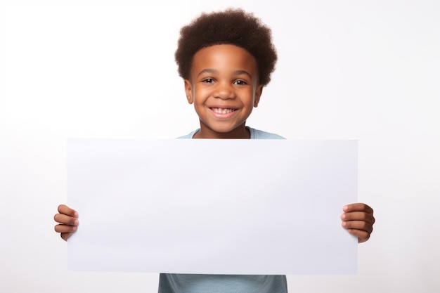 Gelukkige zwarte scholl jongen met een blanke witte banner teken geïsoleerd studio portret
