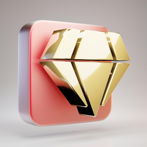 Photo gem icon. golden gem symbol on red matte gold plate. 3d rendered social media icon.