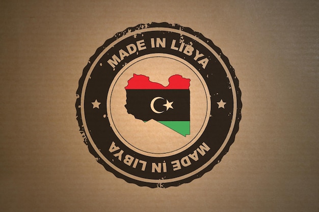 Gemaakt in Libië, gestempeld op bruin papier.