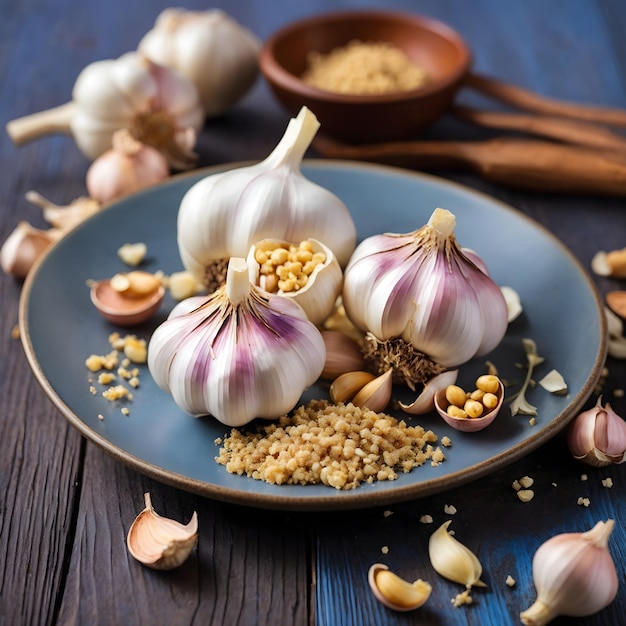 Gemaalde knoflook op een bord met kruidnagels op een houten achtergrond