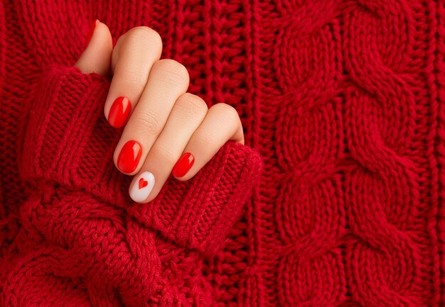 Gemanicuurde dames hand in warme wollen rode trui modieuze Valentijnsdag nagelontwerp