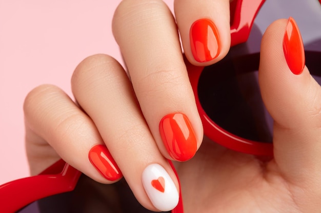 Gemanicuurde dames hand met zonnebril Modieus Valentijnsdag nageldesign