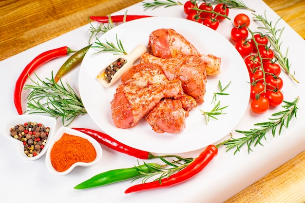 Gemarineerde kippendramstick in rode saus op een wit bord met kruiden en groenten BBQ-drumstickHalfafgewerkt Snel kokenRauw gemarineerd kippenvlees kippenpoten