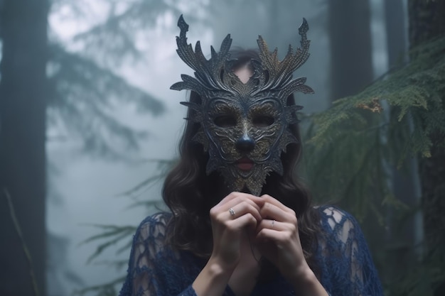 Gemaskerde mysterieuze vrouw in een bos