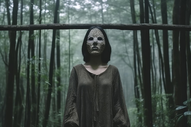 Gemaskerde mysterieuze vrouw in een bos