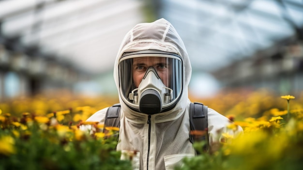 Gemaskerde technicus in een kas die natuurlijke oplossingen gebruikt