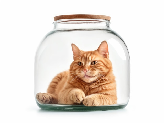 Gember kat in een grote glazen pot geïsoleerd op een witte achtergrond